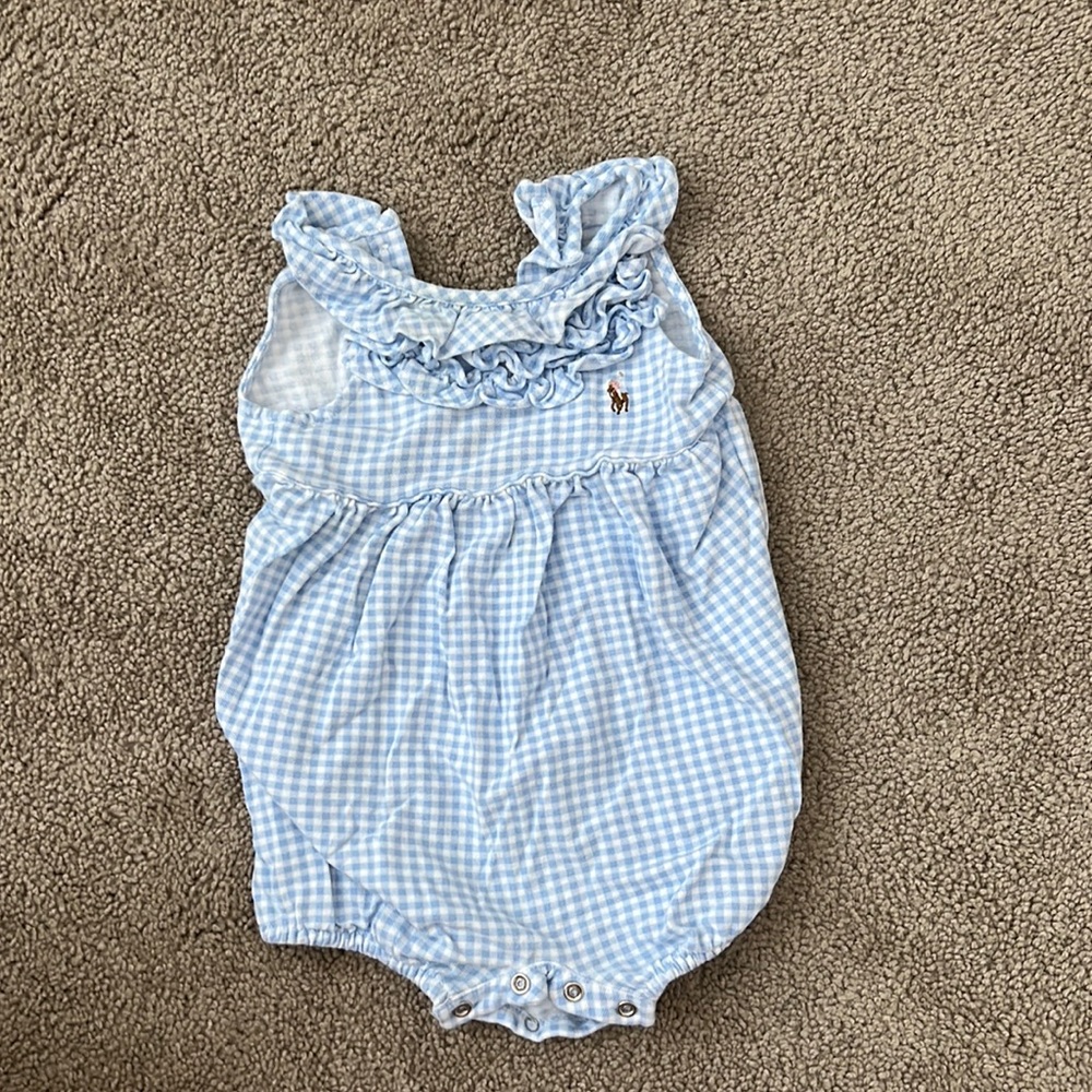 Ralph Lauren baby girl romper /bubble. Light blue gingham pattern w/ruffle trim